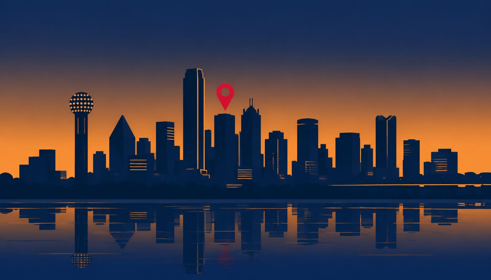 Minimalist Dallas skyline illustration at dusk with Reunion Tower and a crimson map pin over downtown, header image for the best online reputation management companies in Dallas reviewed