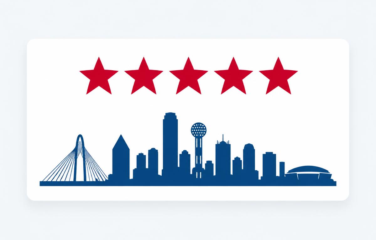 Simple review card with five crimson stars above a stylized Dallas skyline silhouette, representing Google review velocity for Dallas local businesses