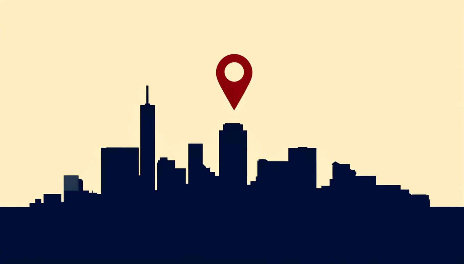 Minimalist Dallas skyline silhouette with Reunion Tower and a crimson map pin, header image for the top online reputation management companies in Dallas for 2026