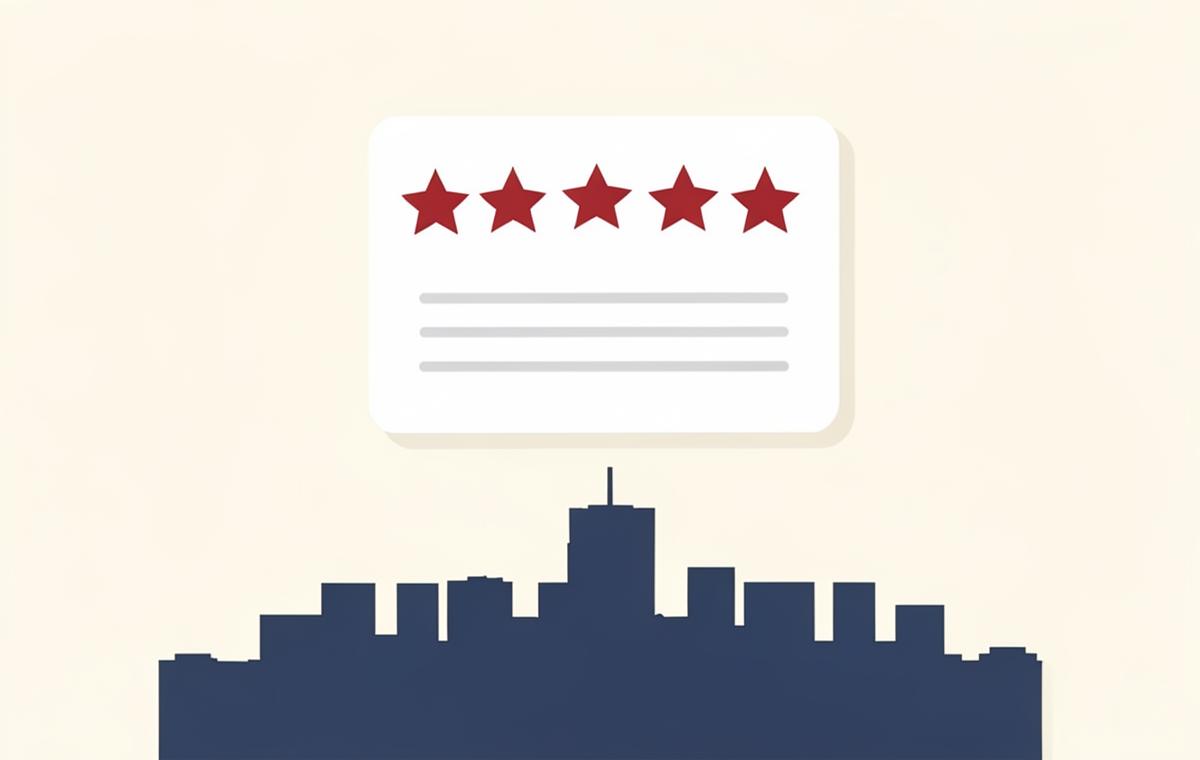 Simple review card with crimson stars above a stylized Dallas skyline, representing Google review velocity for Dallas local businesses