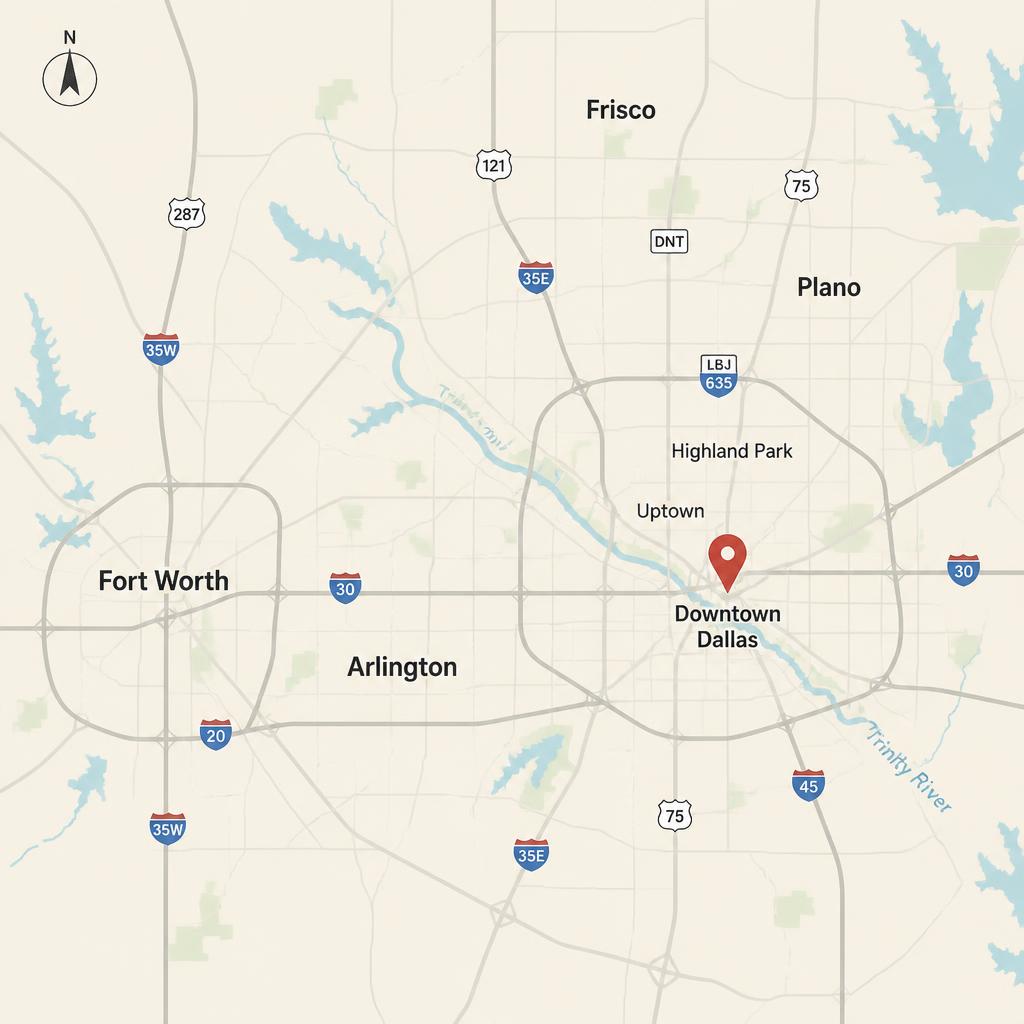 Illustrated map of Dallas with Downtown, Uptown, Highland Park, and the LBJ loop, crimson pin over downtown