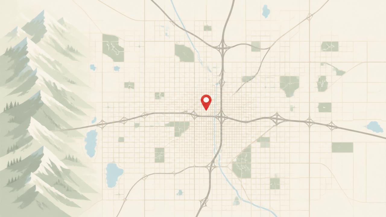 Illustrated map of Denver with LoDo, Cherry Creek, and I-25, Rocky Mountains to the west