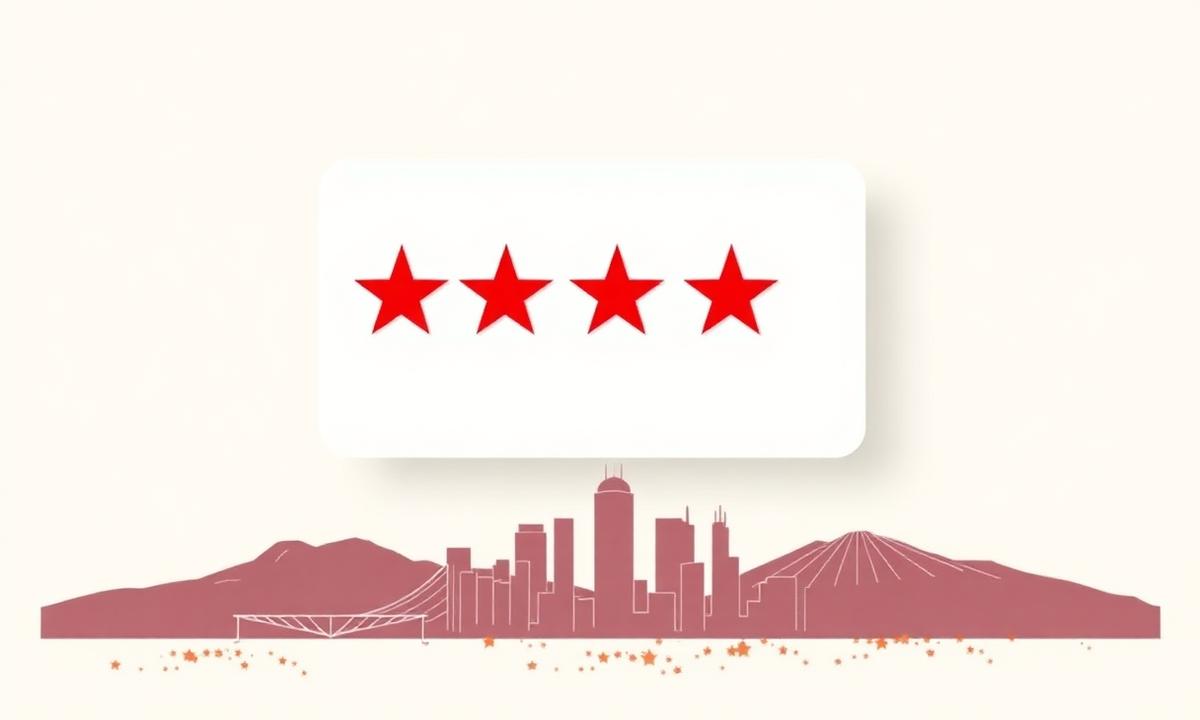 Simple review card with crimson stars above a stylized Denver skyline and mountain range, representing Google review velocity for Denver local businesses