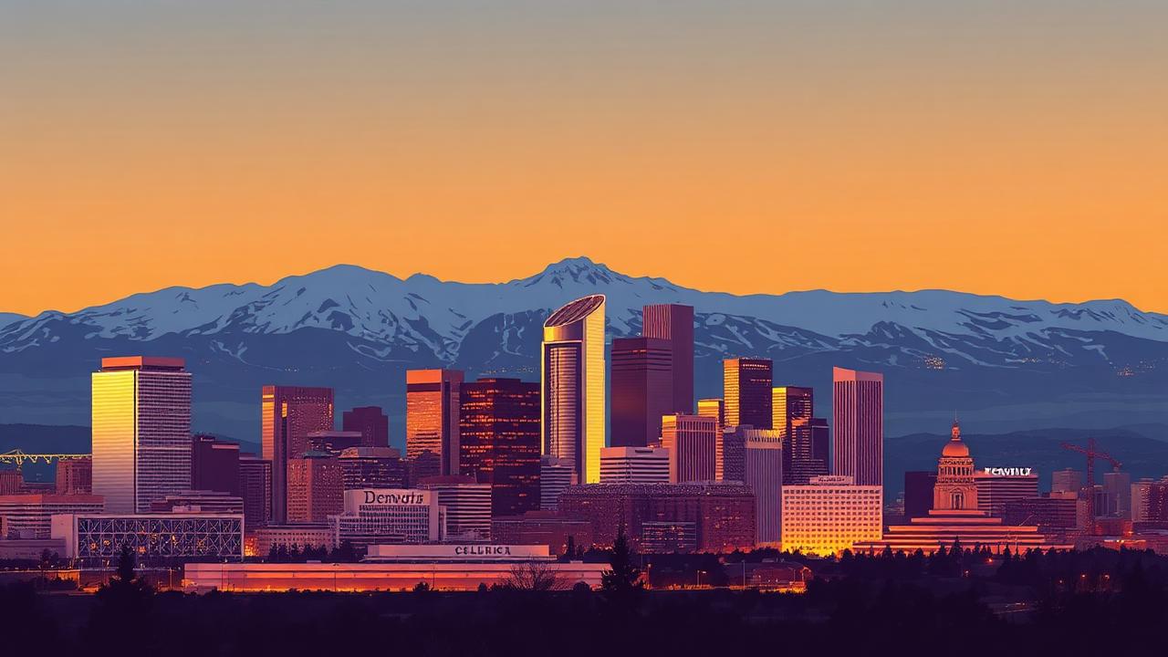 Stylized illustration of the Denver skyline at dusk with the Rocky Mountains behind