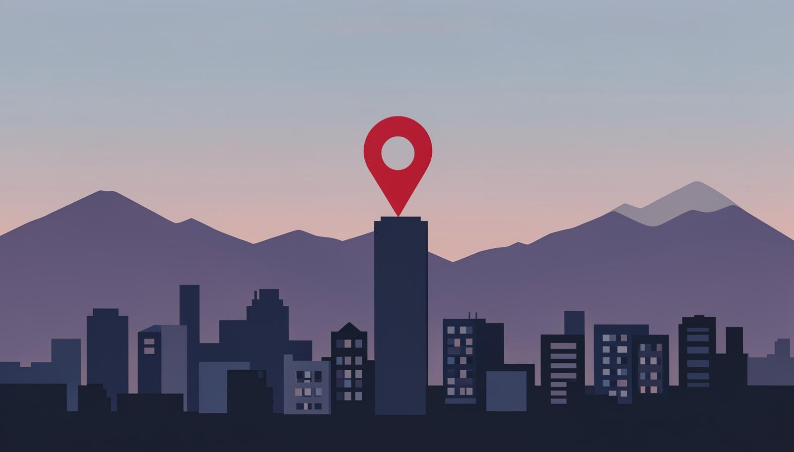 Minimalist Denver skyline illustration at dusk with the Rocky Mountains and a crimson map pin, header image for the top online reputation management companies in Denver for 2026