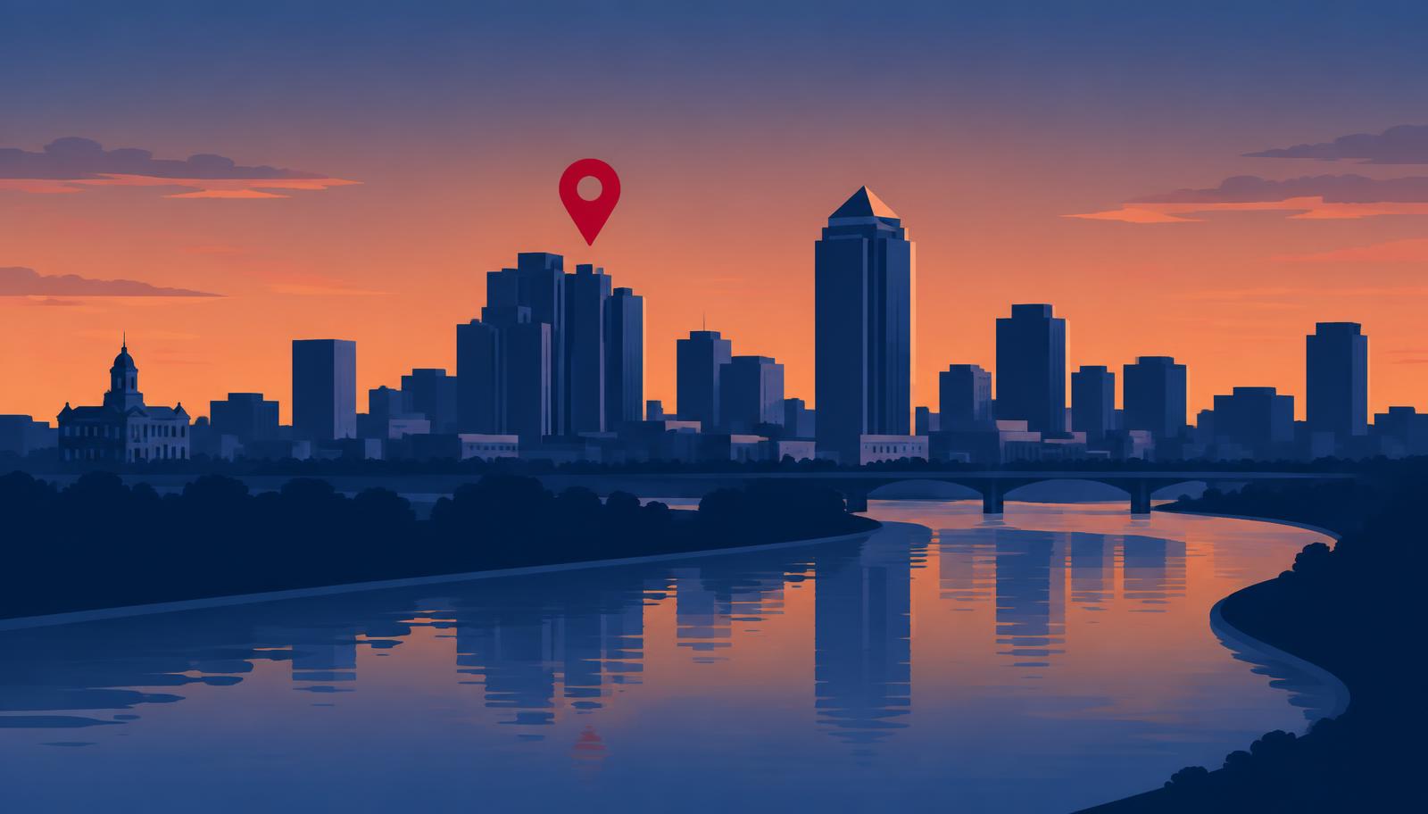 Minimalist Fort Worth skyline illustration at dusk with the pyramid-topped Pier 1 Tower above the Trinity River and a crimson map pin over downtown, header image for the best online reputation management companies in Fort Worth reviewed