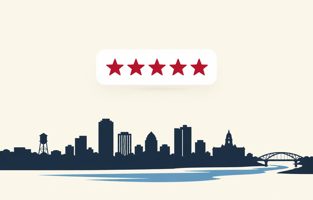 Simple review card with five crimson stars above a stylized Fort Worth skyline silhouette and the Trinity River, representing Google review velocity for Fort Worth local businesses
