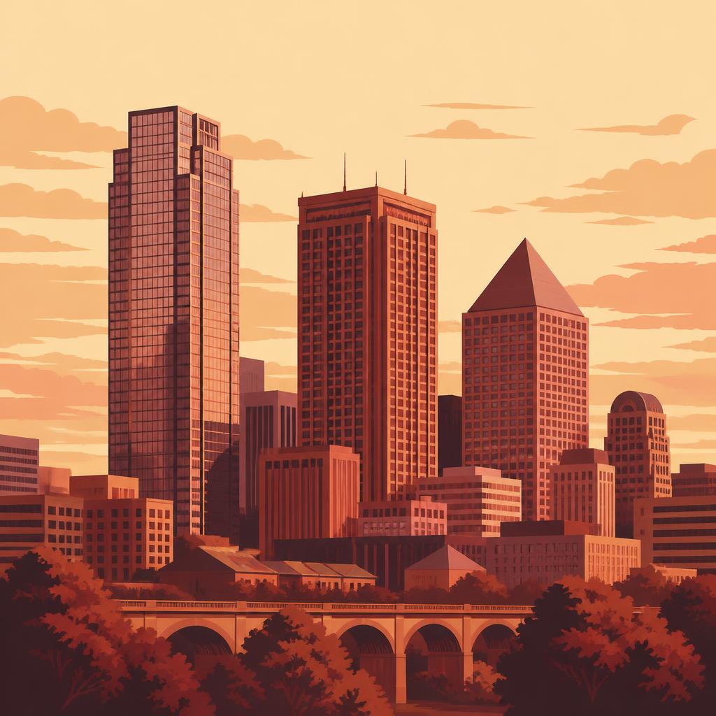 Stylized illustration of the Fort Worth skyline with Burnett Plaza and the pyramid-topped Pier 1 Tower at sunset
