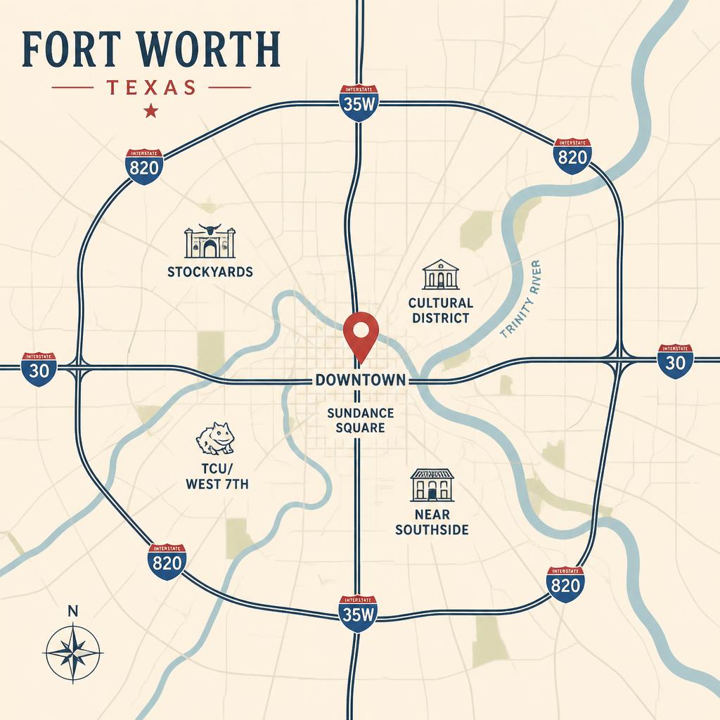 Illustrated map of Fort Worth showing I-820, I-35W, I-30, the Trinity River, and downtown Sundance Square, crimson pin over downtown