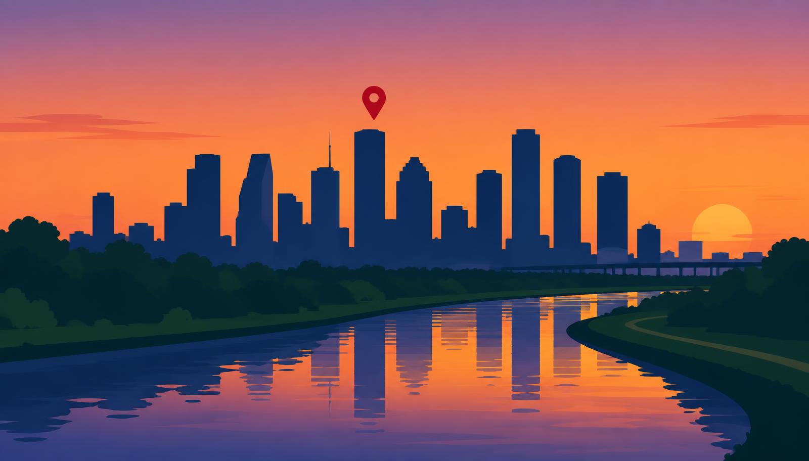 Minimalist Houston skyline illustration at dusk with Buffalo Bayou and a crimson map pin over downtown, header image for the best online reputation management companies in Houston reviewed