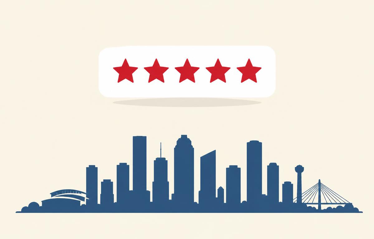 Simple review card with crimson stars above a stylized Houston skyline silhouette, representing Google review velocity for Houston local businesses