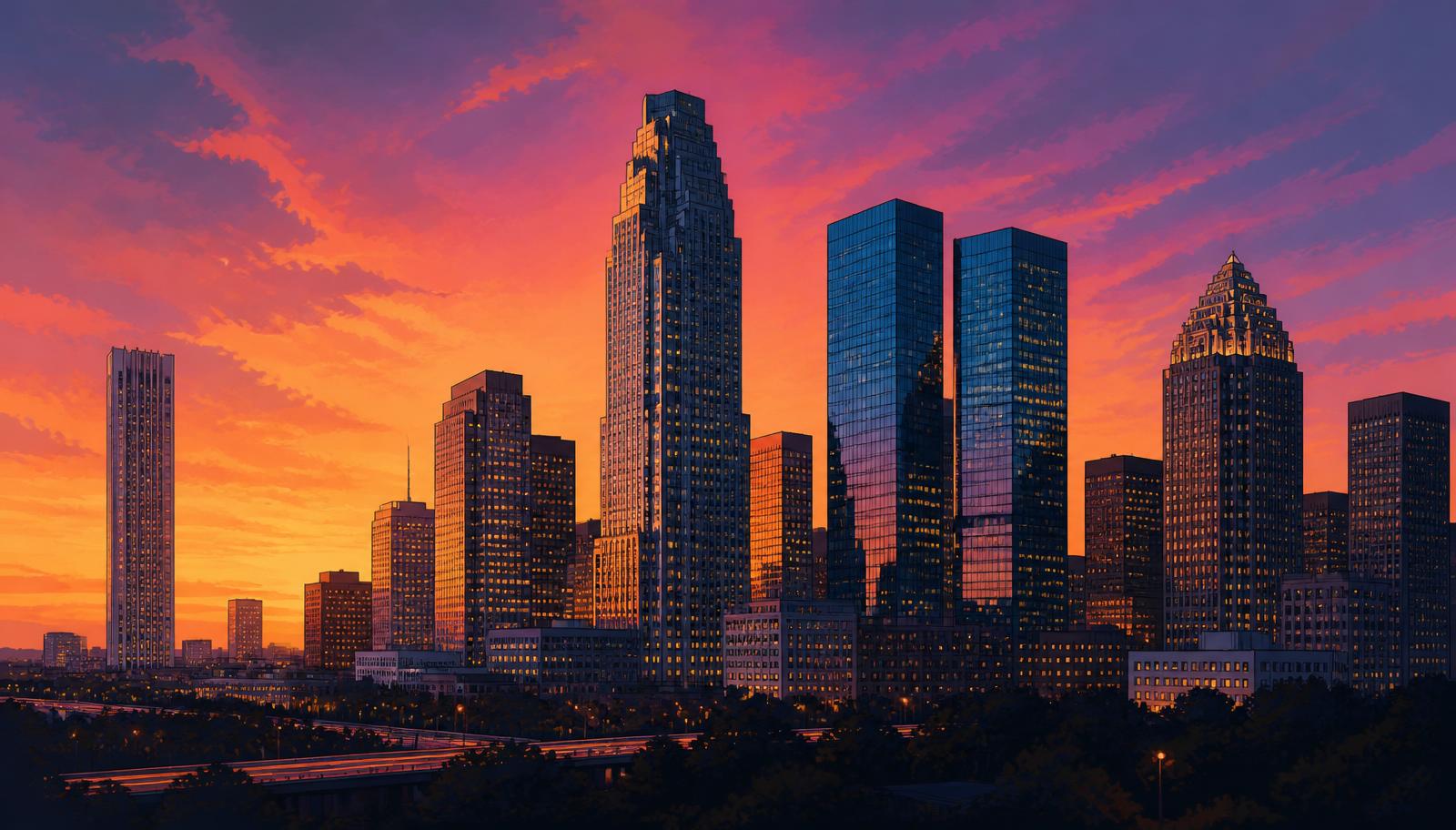 Stylized illustration of the Houston skyline at sunset