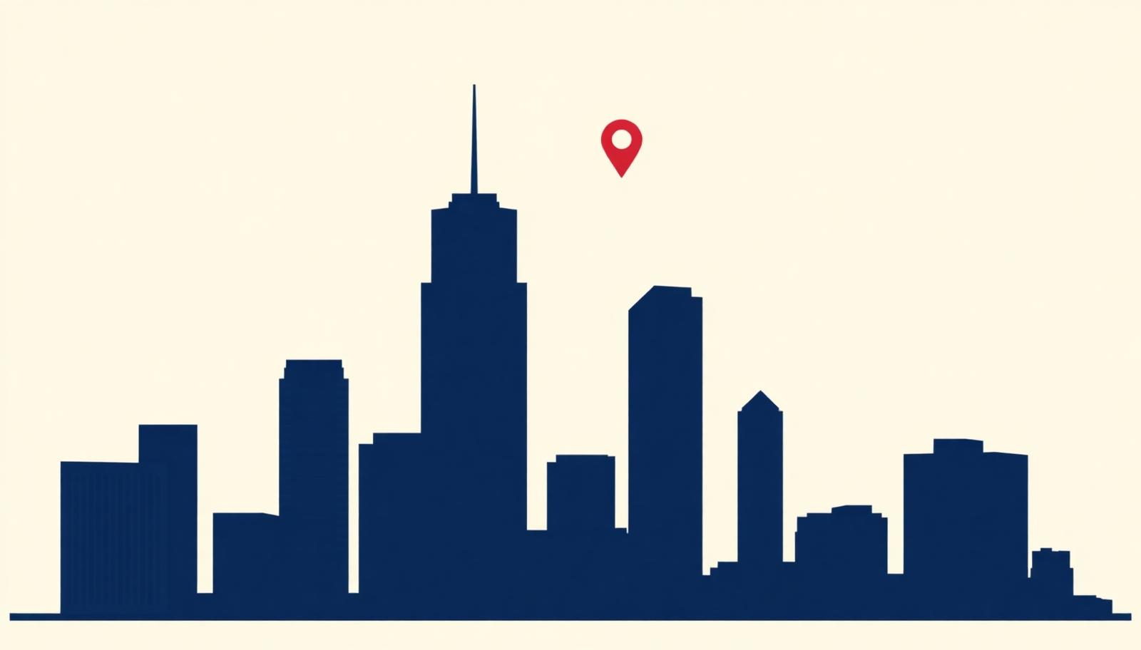 Minimalist Houston skyline silhouette with a crimson map pin, header image for the top online reputation management companies in Houston for 2026