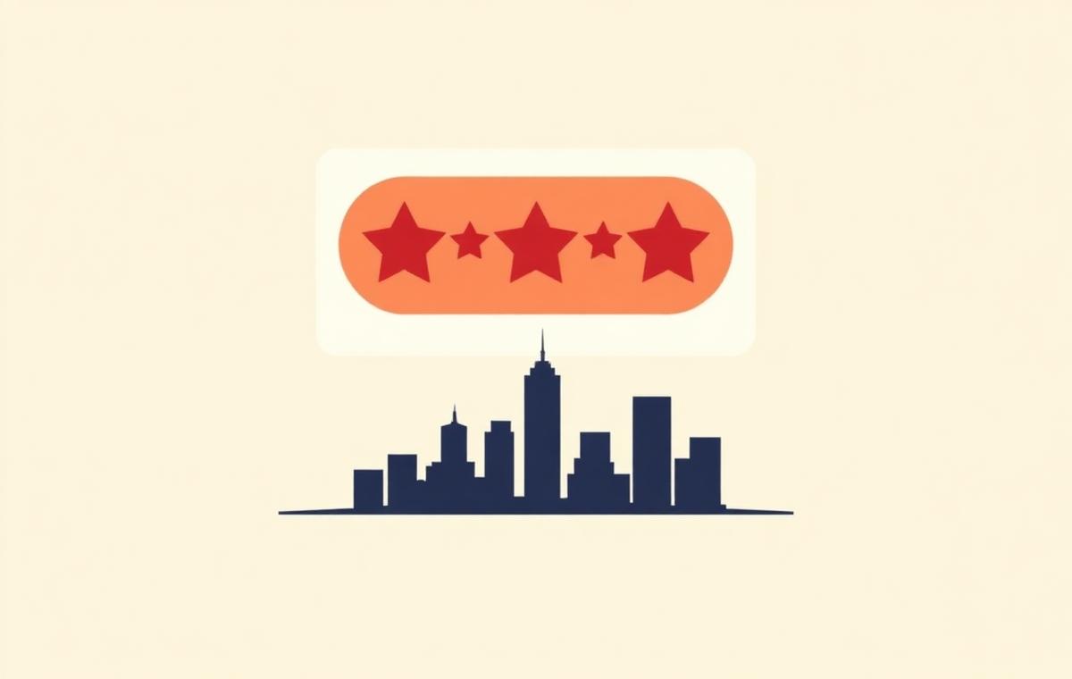 Simple review card with crimson stars above a stylized Houston skyline silhouette, representing Google review velocity for Houston local businesses