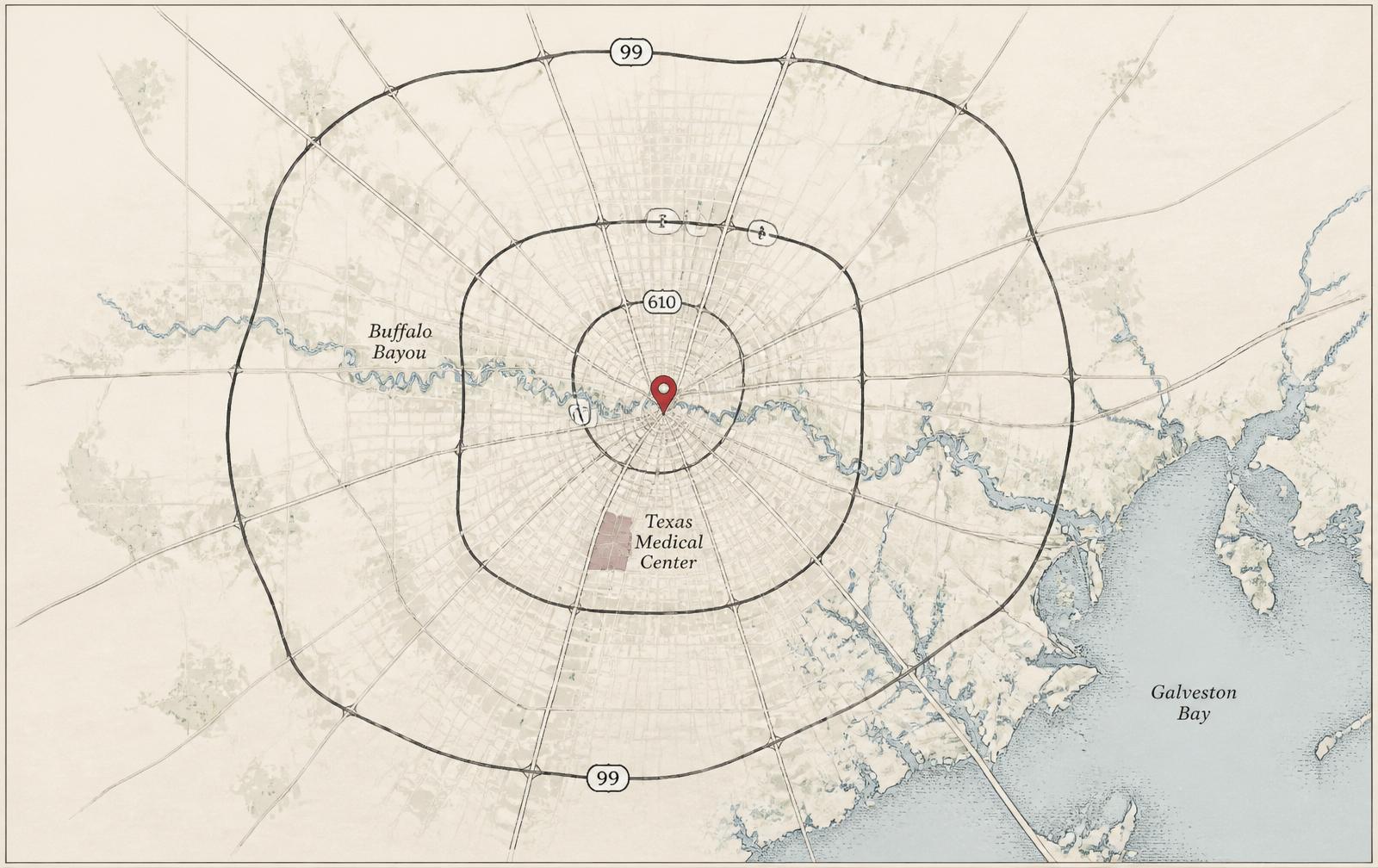 Illustrated map of Houston with Beltway 8 and Buffalo Bayou, crimson pin over Downtown