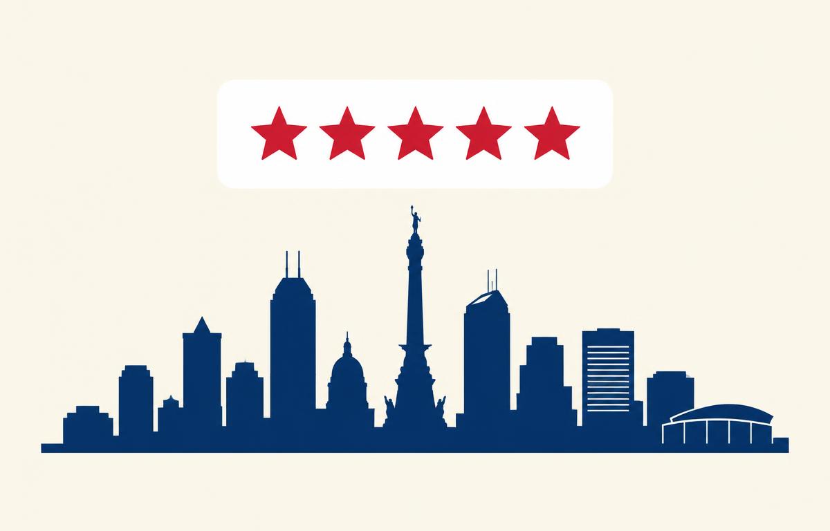 Review card with five crimson stars above a navy silhouette of the Indianapolis, Indiana skyline, representing Google review growth for Indianapolis businesses