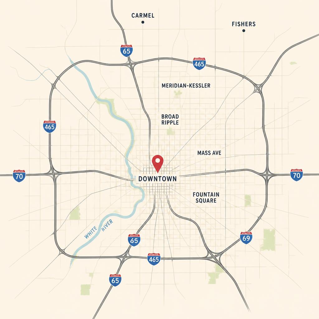 Illustrated map of Indianapolis with I-465 loop, I-65, I-70, I-69, White River, and neighborhoods including Downtown, Mass Ave, Broad Ripple, and Carmel, crimson pin over downtown