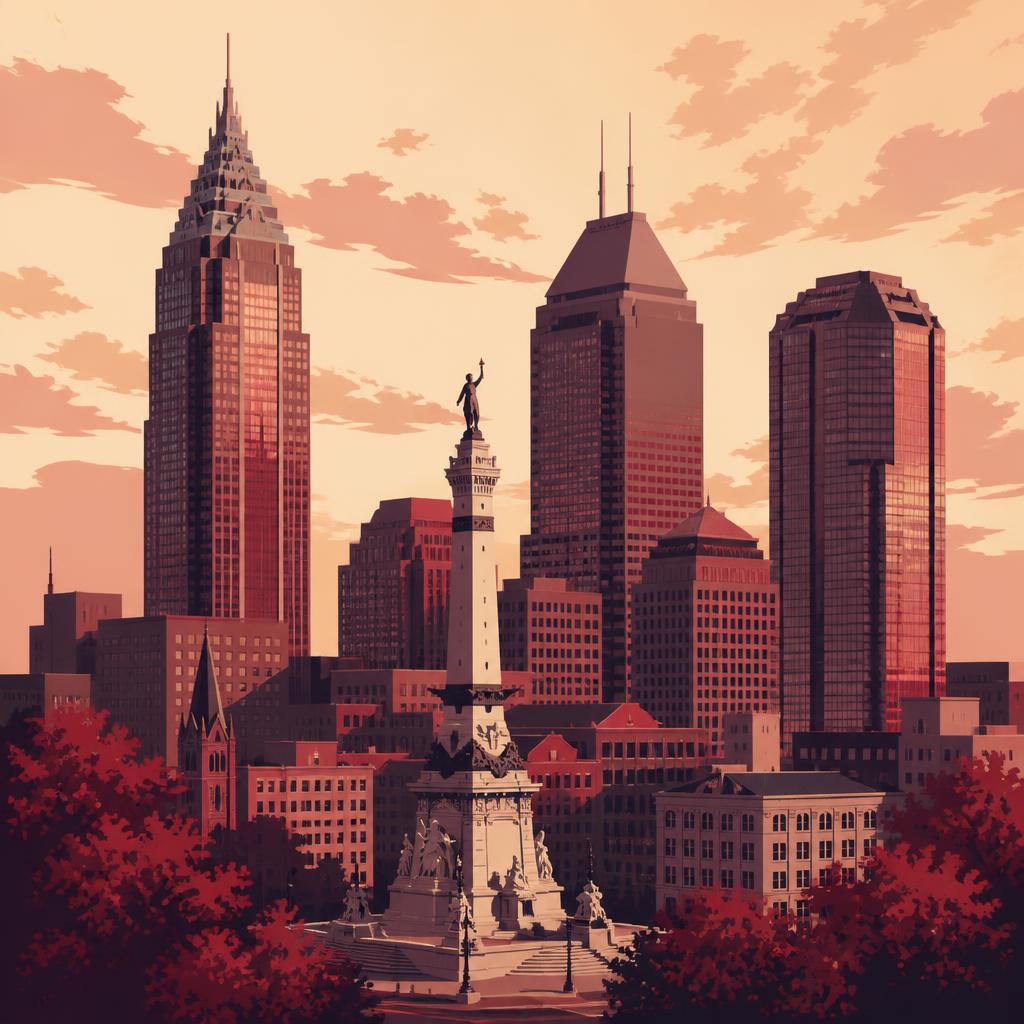 Stylized illustration of the Indianapolis skyline with Salesforce Tower, OneAmerica Tower, and the Soldiers and Sailors Monument obelisk at dusk