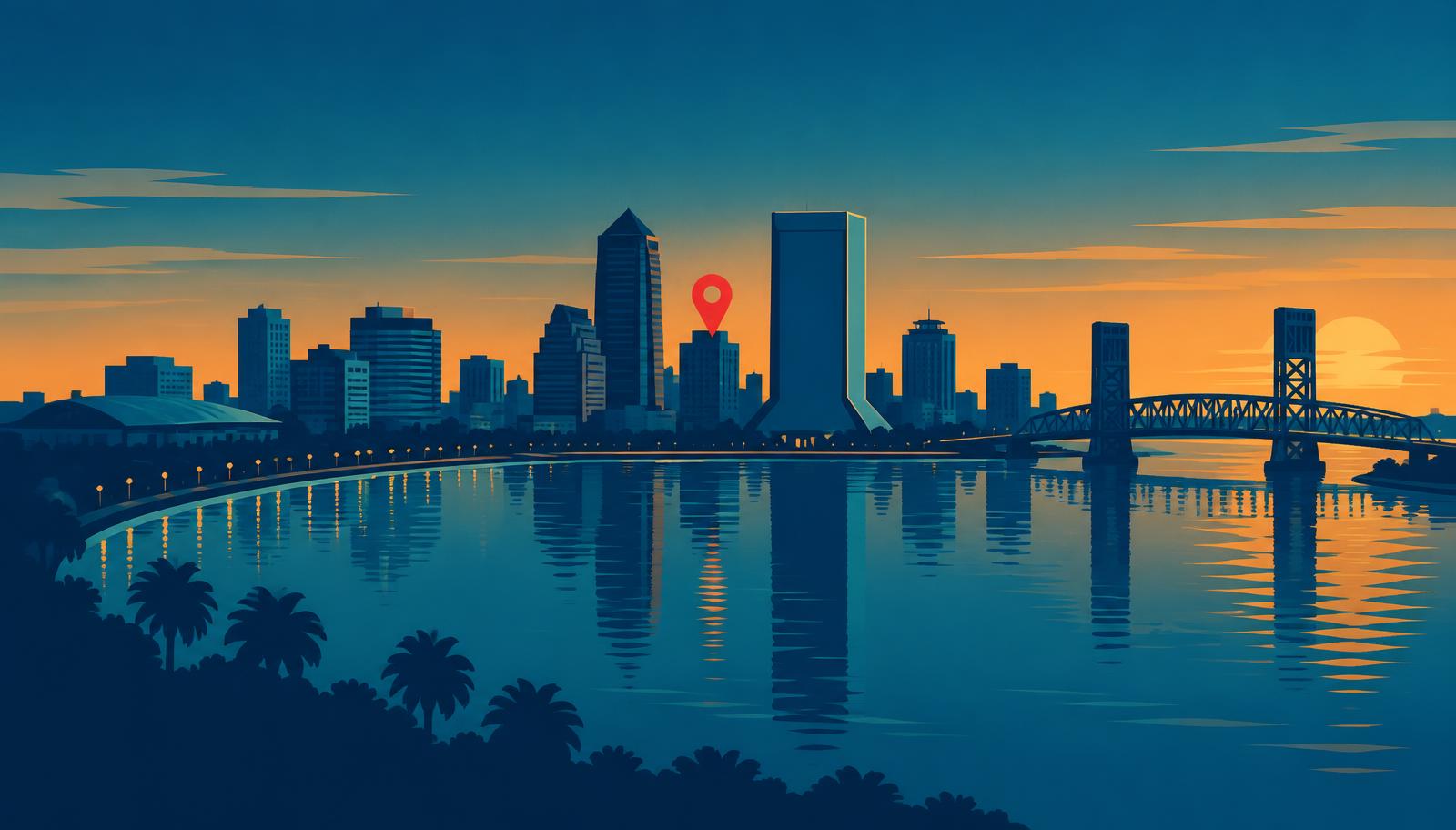 Minimalist Jacksonville skyline illustration at dusk along the St. Johns River with a crimson map pin over downtown, header image for the best online reputation management companies in Jacksonville reviewed
