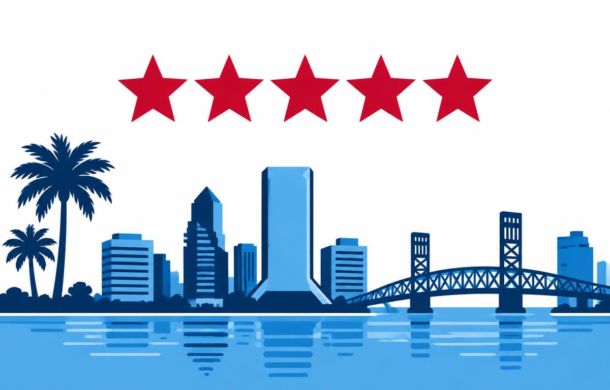 Simple review card with five crimson stars above a stylized Jacksonville riverfront skyline and palm trees, representing Google review velocity for Jacksonville local businesses