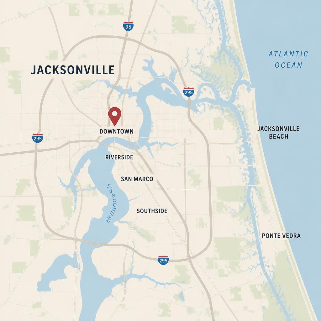 Illustrated map of Jacksonville and the St. Johns River with a crimson pin over downtown