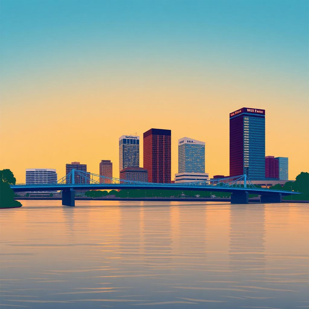 Stylized illustration of the Jacksonville skyline along the St. Johns River at dusk