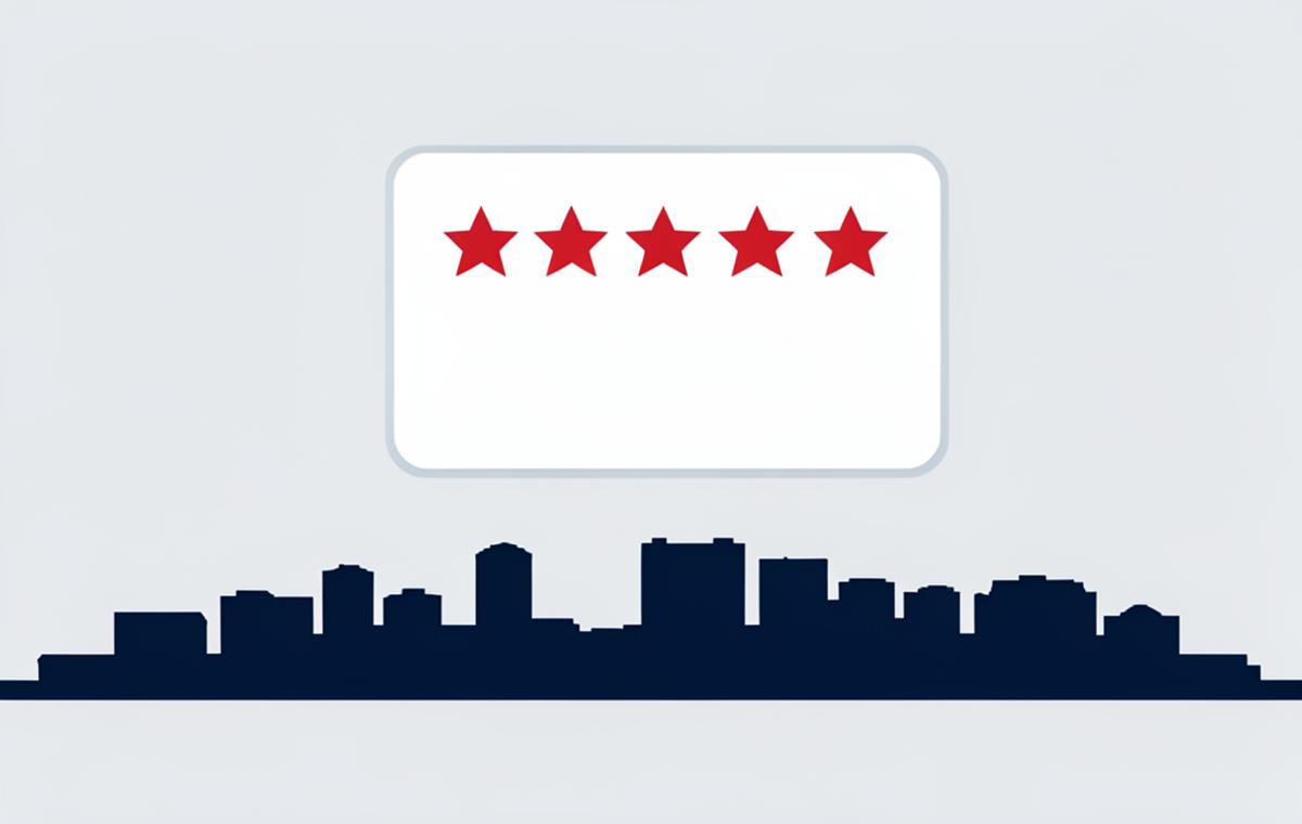 Simple review card with crimson stars above a stylized Jacksonville skyline, representing Google review velocity for Jacksonville local businesses