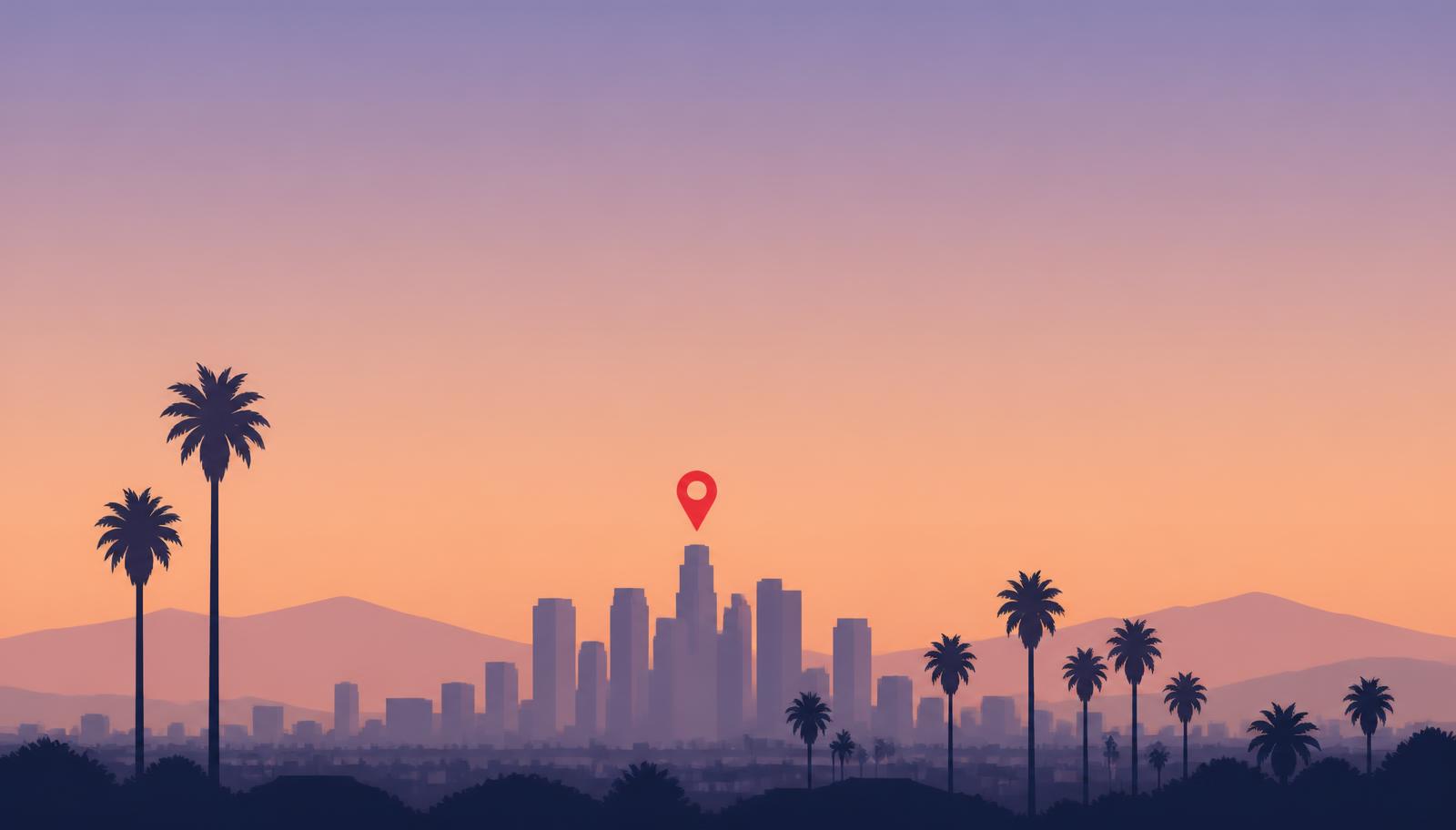 Minimalist Los Angeles skyline illustration at dusk with palm trees and a crimson map pin over downtown, header image for the best online reputation management companies in Los Angeles reviewed