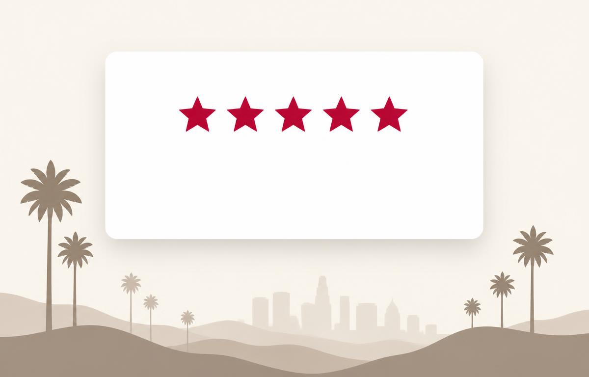 Simple review card with crimson stars above a stylized Los Angeles palm tree and hillside outline, representing Google review velocity for Los Angeles local businesses