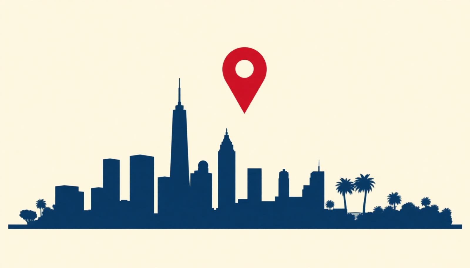 Minimalist Los Angeles skyline and palm silhouette with a crimson map pin, header image for the top online reputation management companies in Los Angeles for 2026