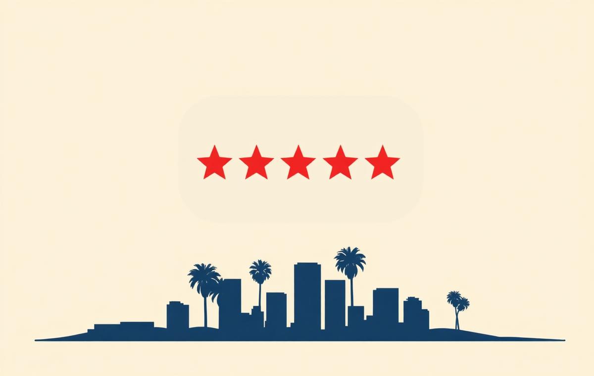 Simple review card with crimson stars above a stylized Los Angeles palm and skyline silhouette, representing Google review velocity for LA local businesses