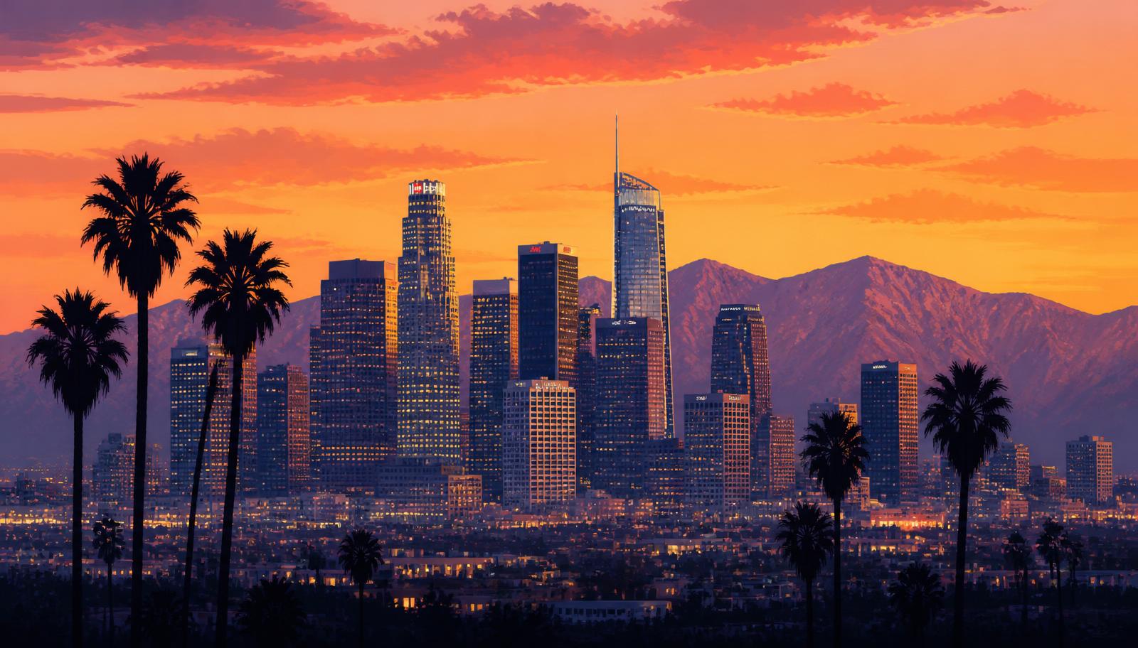 Stylized illustration of the Los Angeles skyline at sunset with palm trees