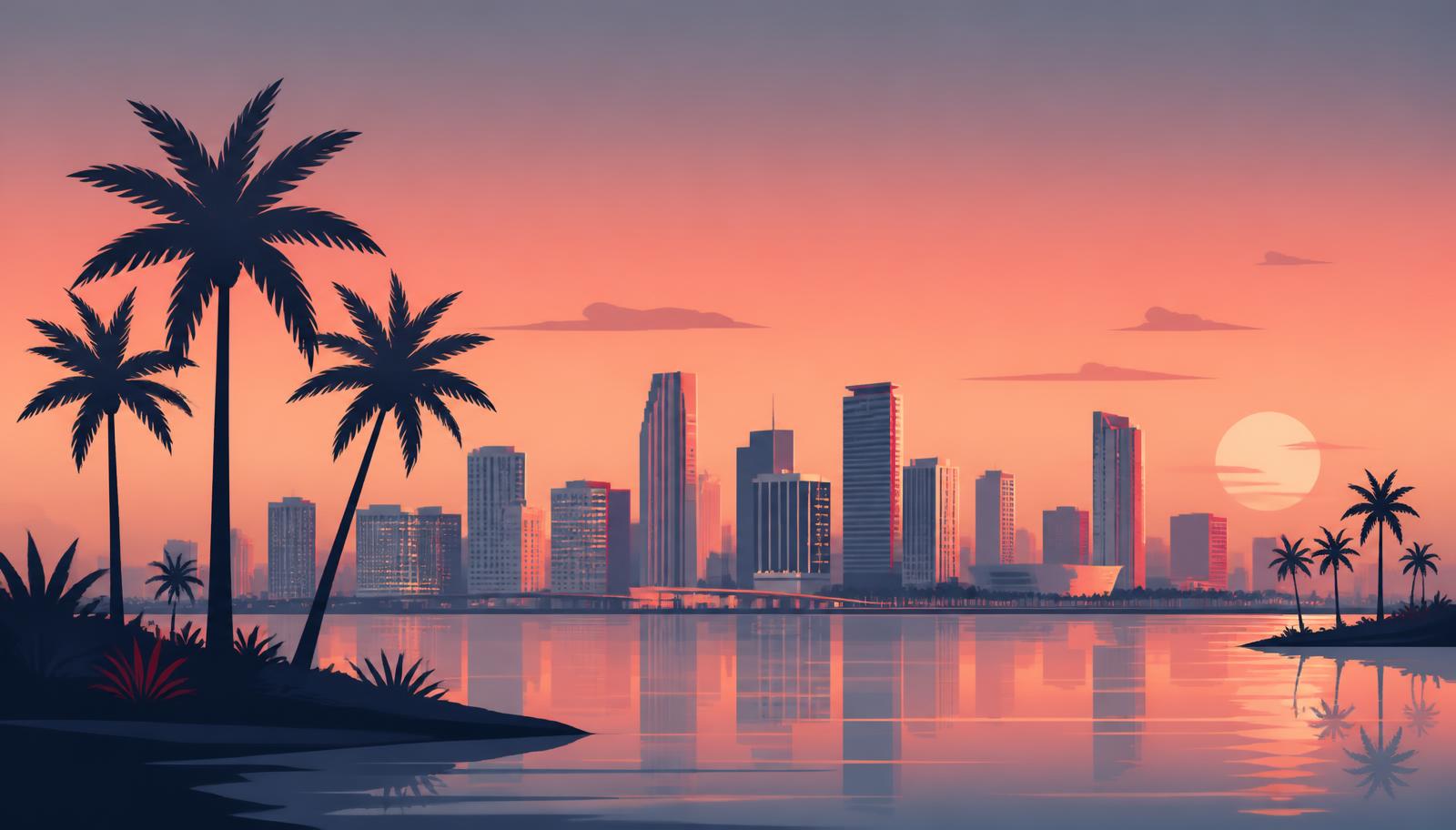 Stylized illustration of the Miami skyline and Biscayne Bay at dusk with palm trees