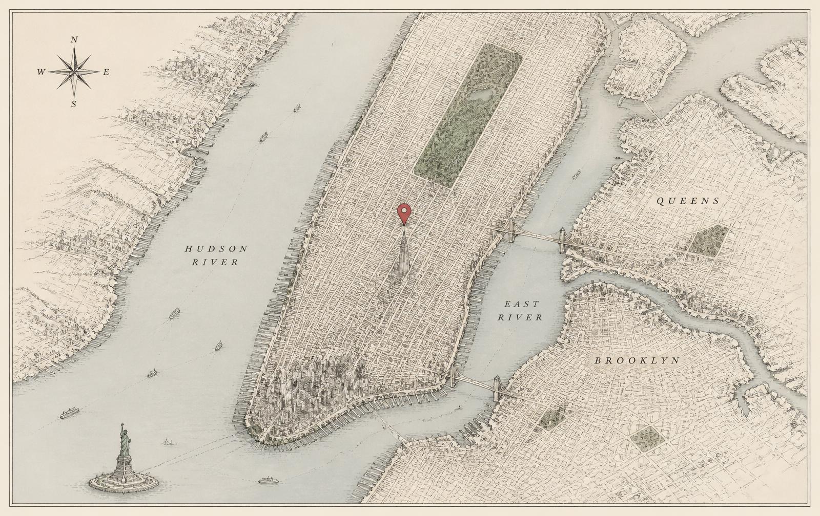 Illustrated map of New York City with a crimson pin over Manhattan