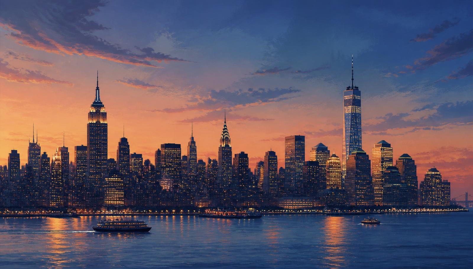 Stylized illustration of the New York City skyline at dusk