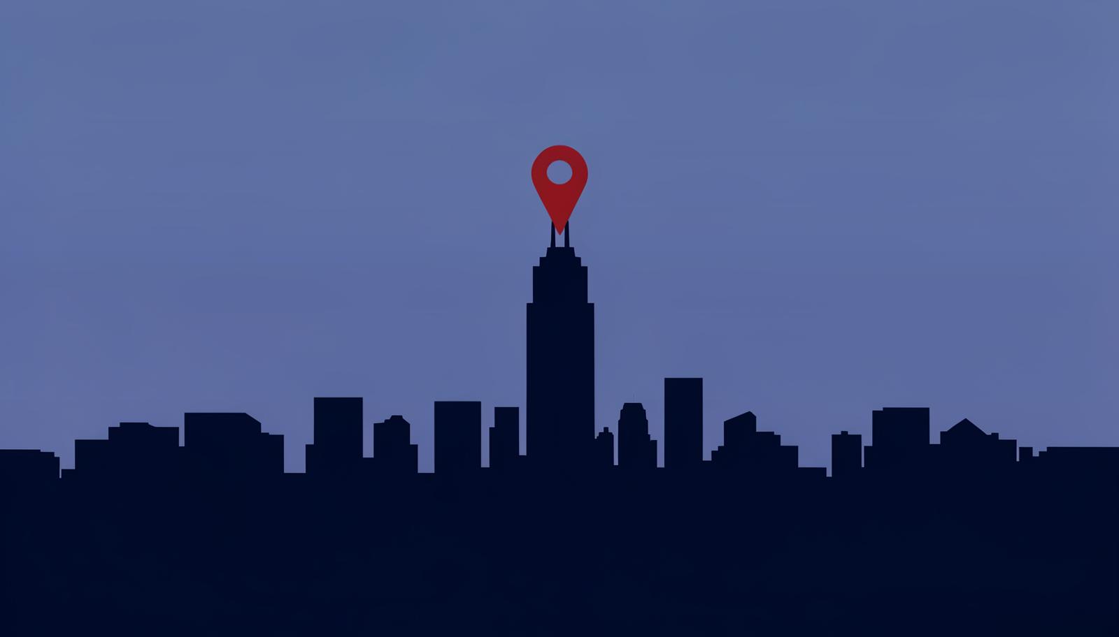 Minimalist New York City skyline illustration at dusk with a crimson map pin over Manhattan, header image for the best online reputation management companies in New York City reviewed