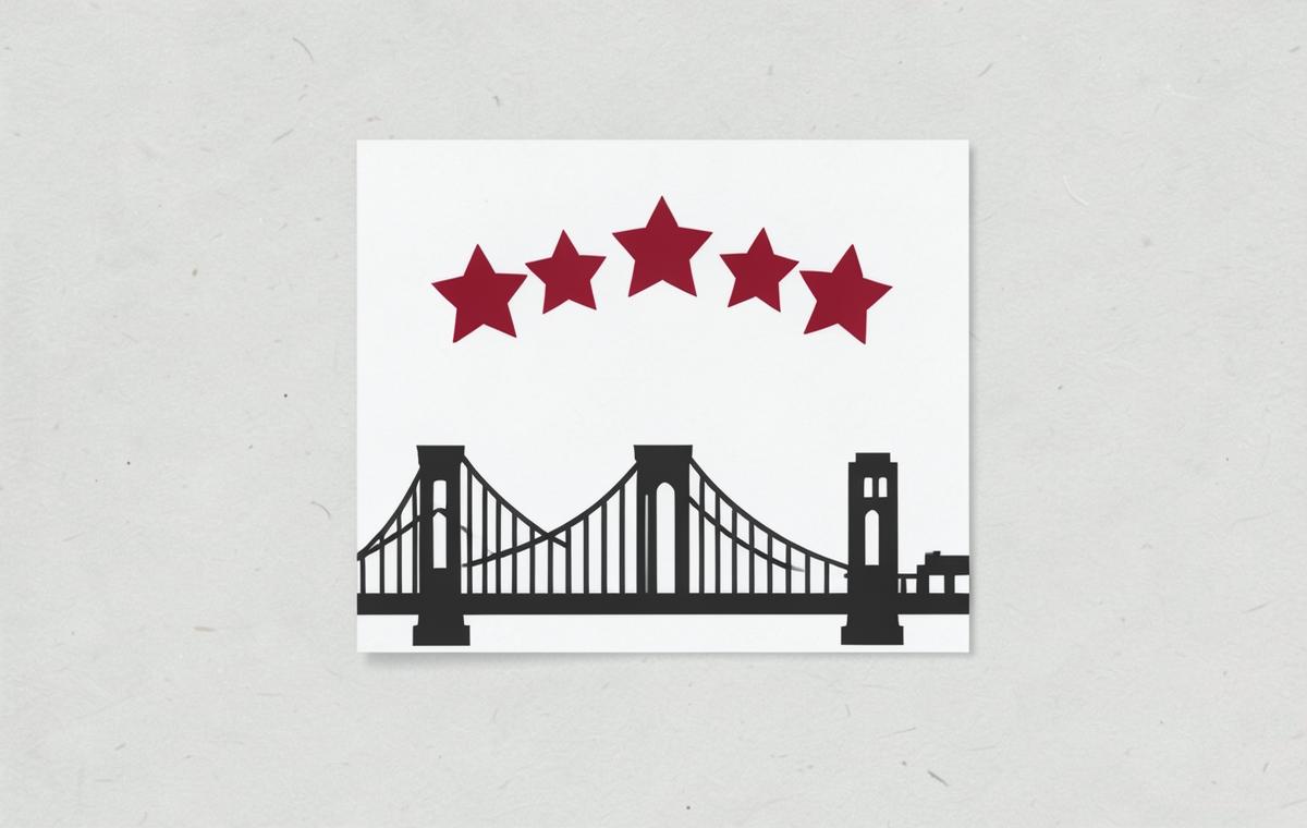 Simple review card with crimson stars above a stylized New York City bridge outline, representing Google review velocity for New York City local businesses