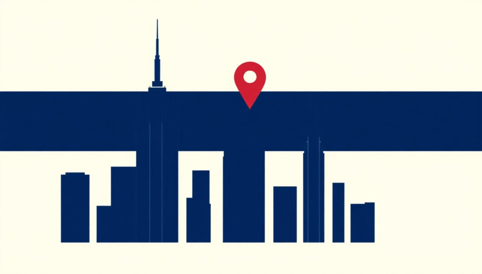 Minimalist New York City skyline silhouette with a crimson map pin, header image for the top online reputation management companies in New York City for 2026