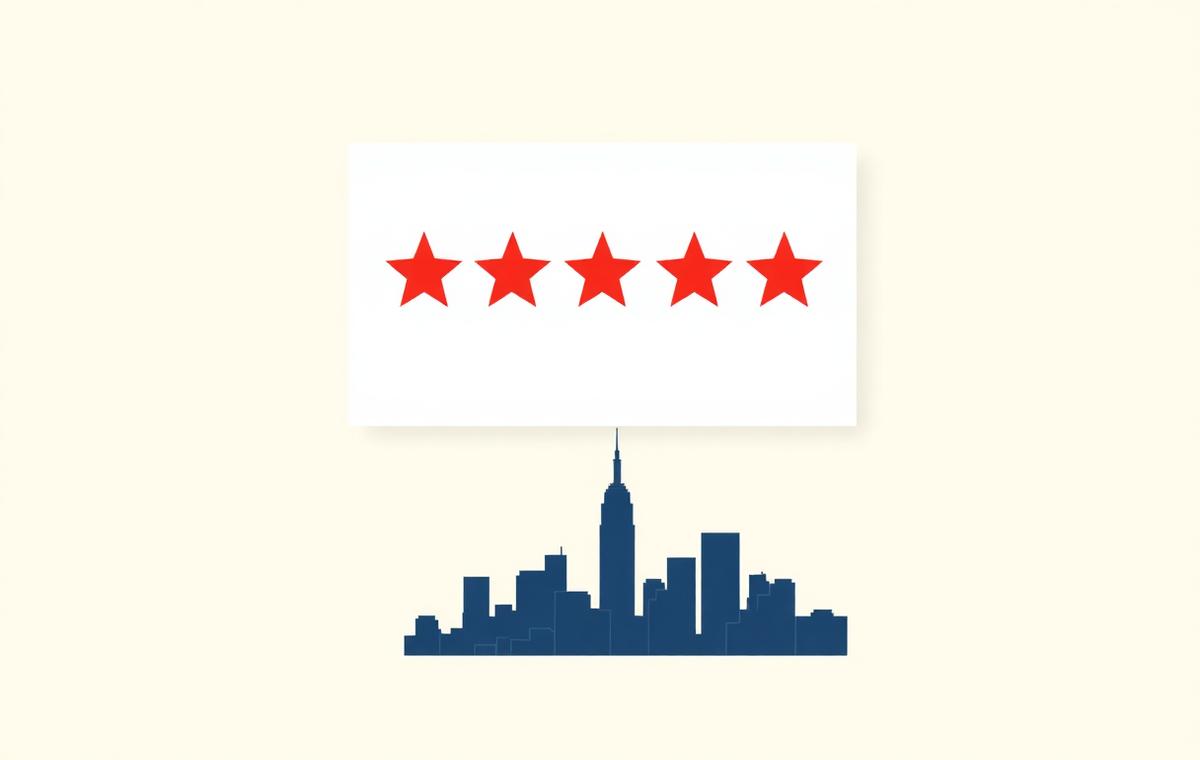 Simple review card with crimson stars above a stylized New York City skyline, representing Google review velocity for NYC local businesses