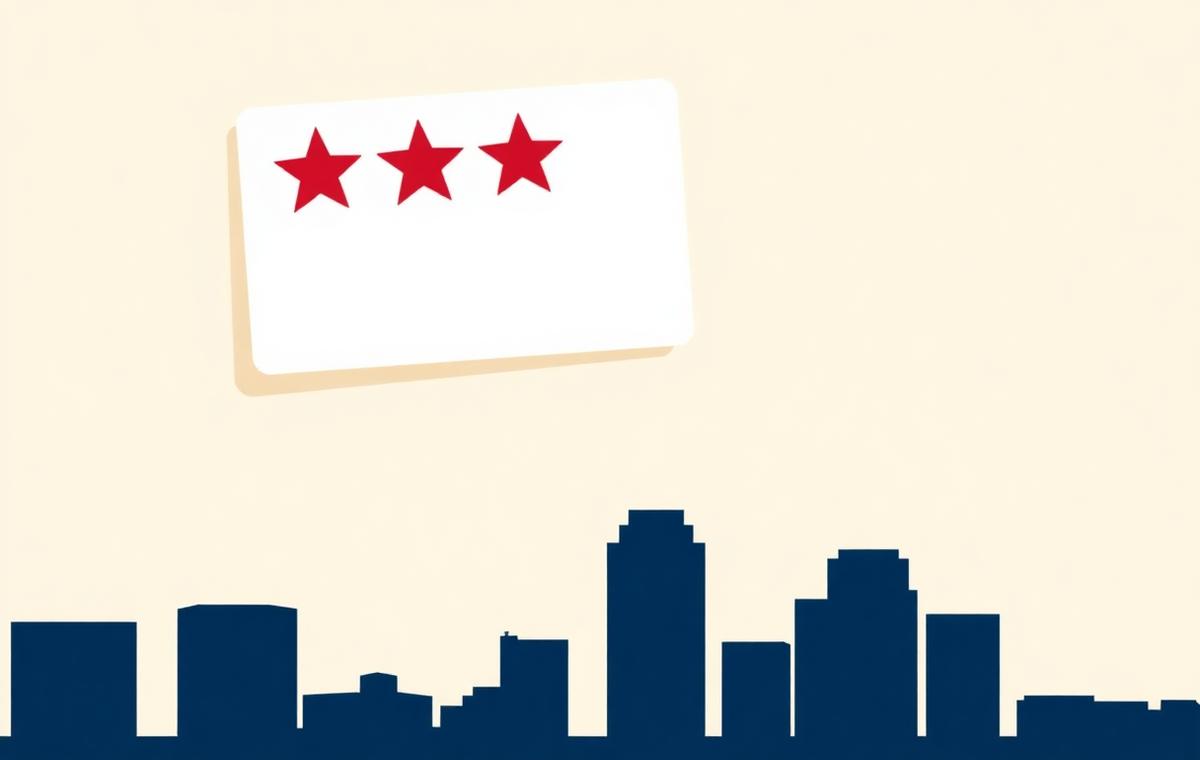 Simple review card with crimson stars above a stylized Oklahoma City skyline, representing Google review velocity for OKC local businesses