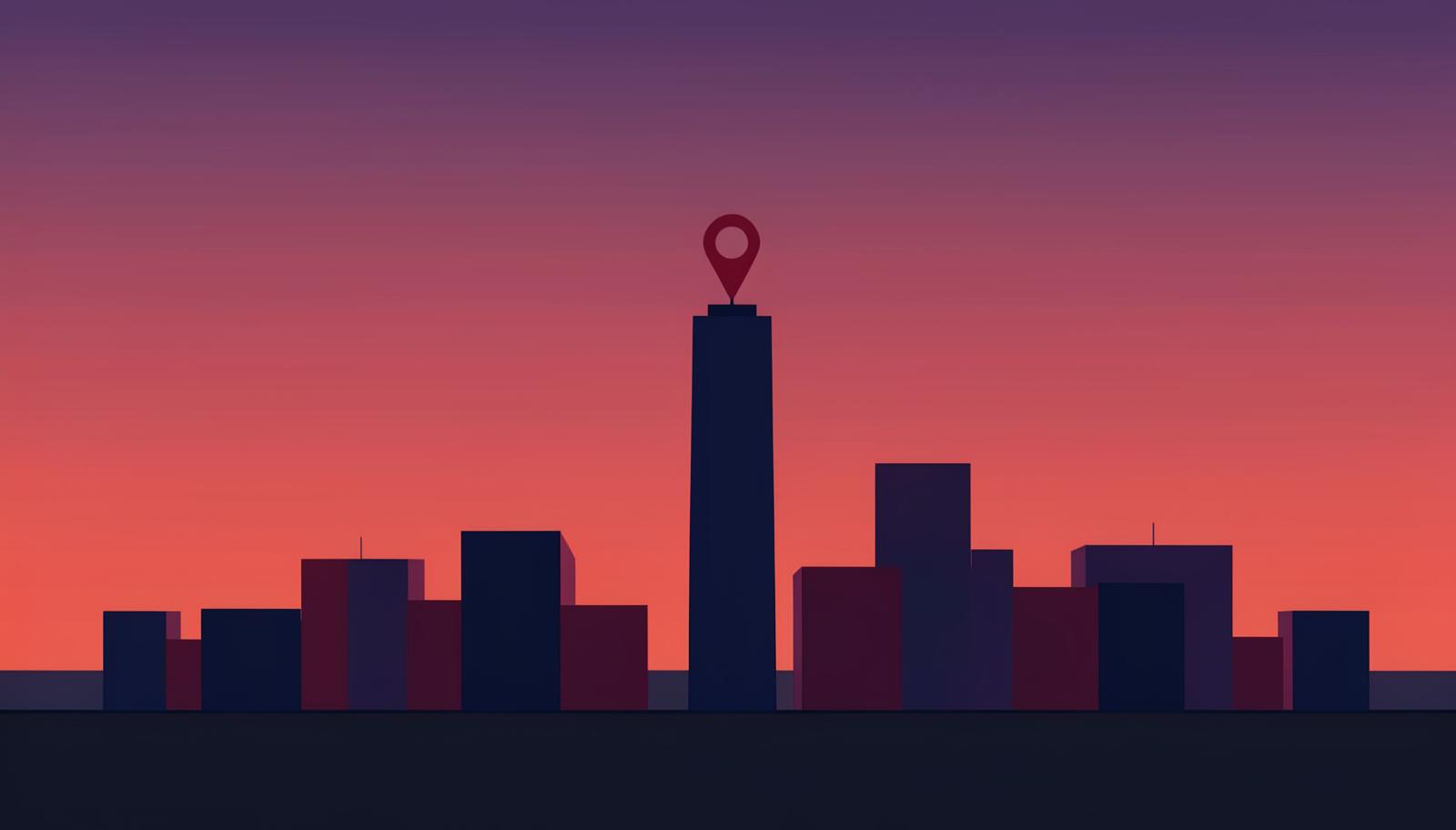 Minimalist Oklahoma City skyline illustration at dusk with a crimson map pin, header image for the top online reputation management companies in Oklahoma City for 2026