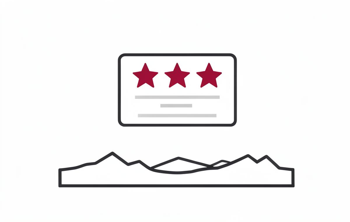 Simple review card with crimson stars above a flat prairie outline, representing Google review velocity for Oklahoma City local businesses