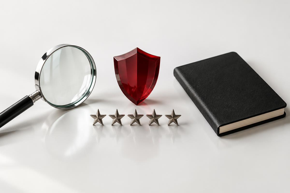 Glass magnifying lens, crimson shield and five metal stars representing reputation monitoring and customer trust