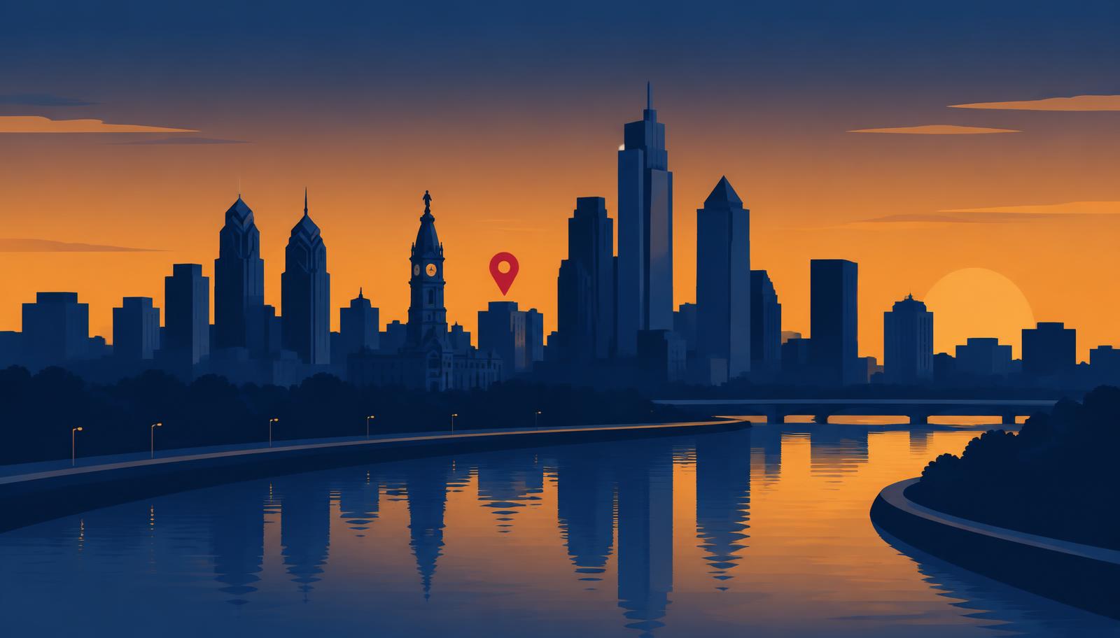Minimalist Philadelphia skyline illustration at dusk with City Hall tower, the Schuylkill River, and a crimson map pin over Center City, header image for the best online reputation management companies in Philadelphia reviewed