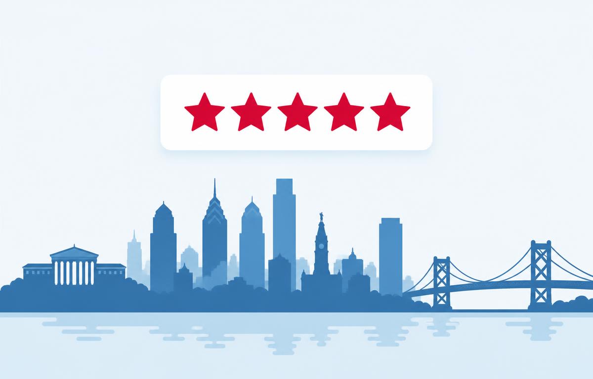 Simple review card with crimson stars above a stylized Philadelphia skyline and bridge silhouette, representing Google review velocity for Philadelphia local businesses