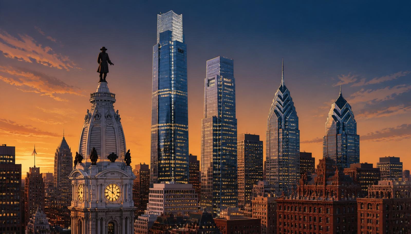Stylized illustration of the Philadelphia skyline with historic brick tones and modern glass