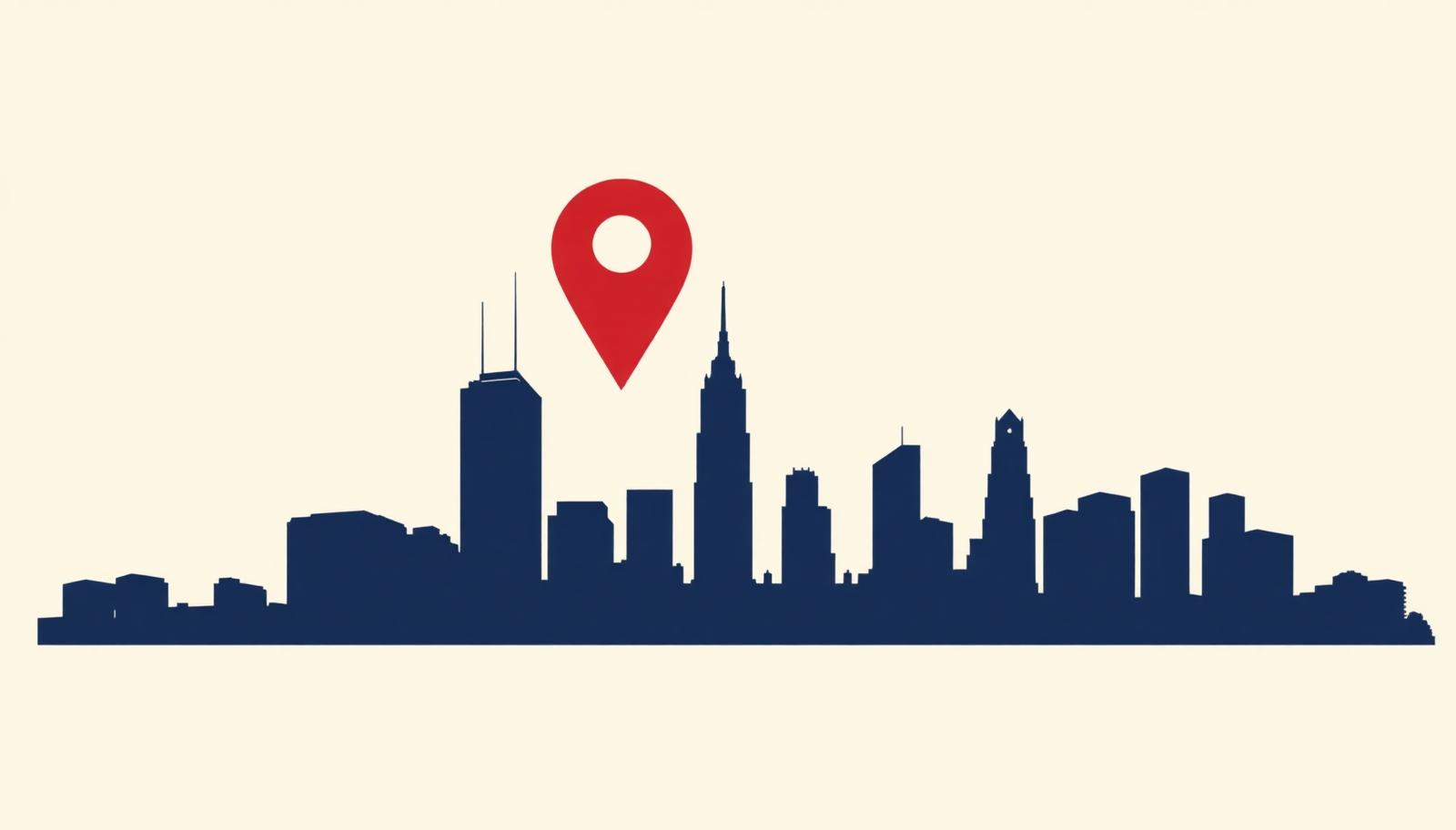 Minimalist Philadelphia skyline silhouette with a crimson map pin, header image for the top online reputation management companies in Philadelphia for 2026