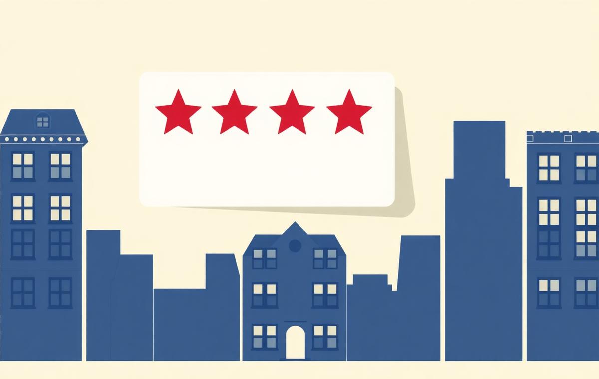 Simple review card with crimson stars above stylized Philadelphia rowhouses, representing Google review velocity for Philadelphia local businesses
