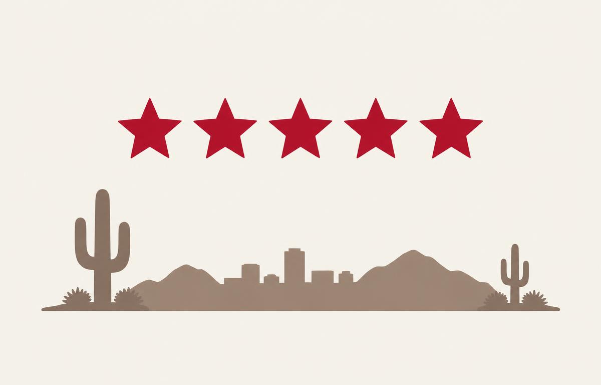 Simple review card with crimson stars above a stylized Phoenix desert skyline silhouette, representing Google review velocity for Phoenix local businesses
