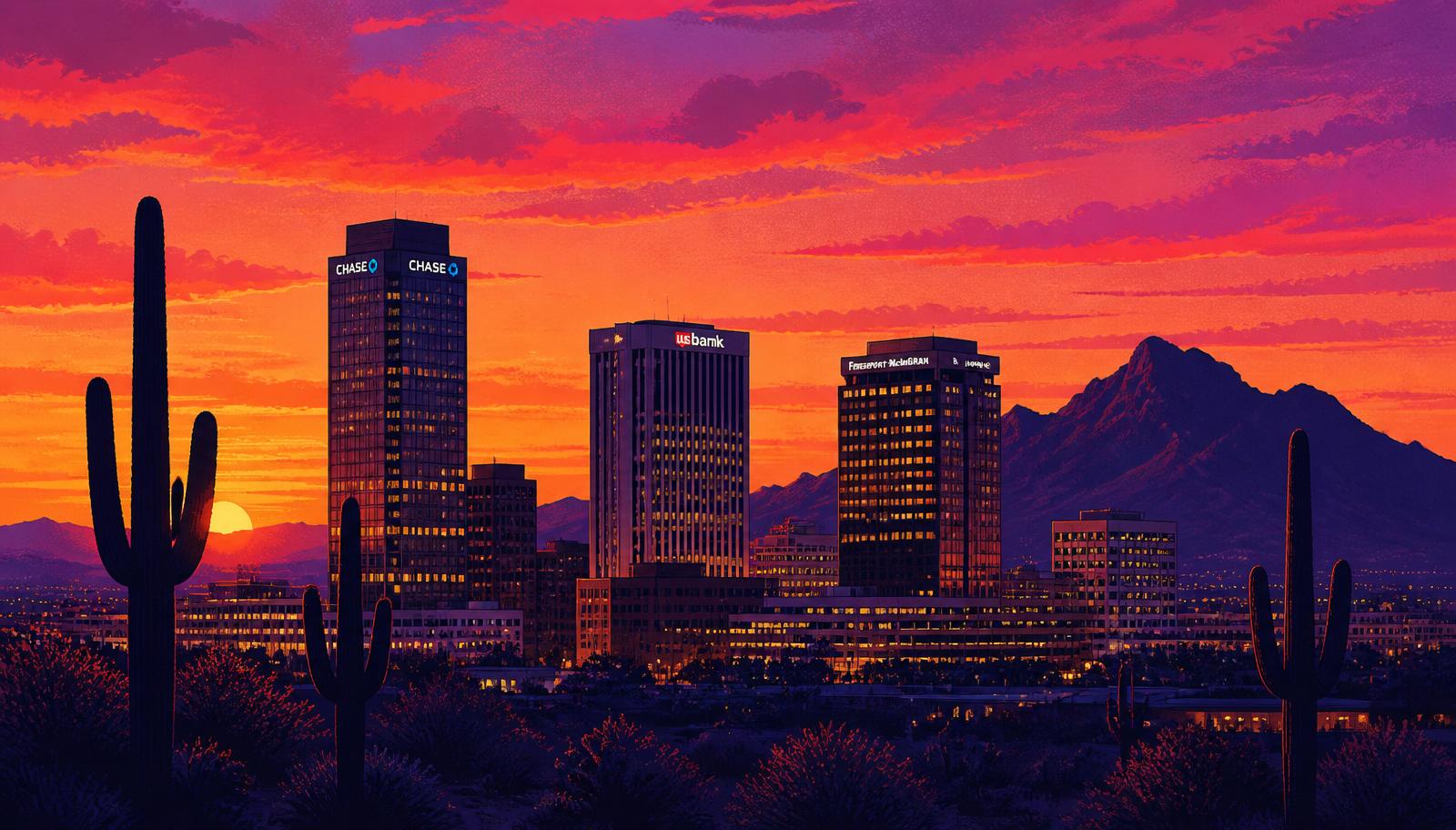 Stylized illustration of the Phoenix skyline at sunset with saguaro cacti